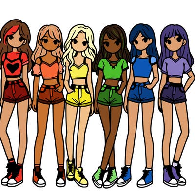 a group of girls wearing crop tops and shorts
