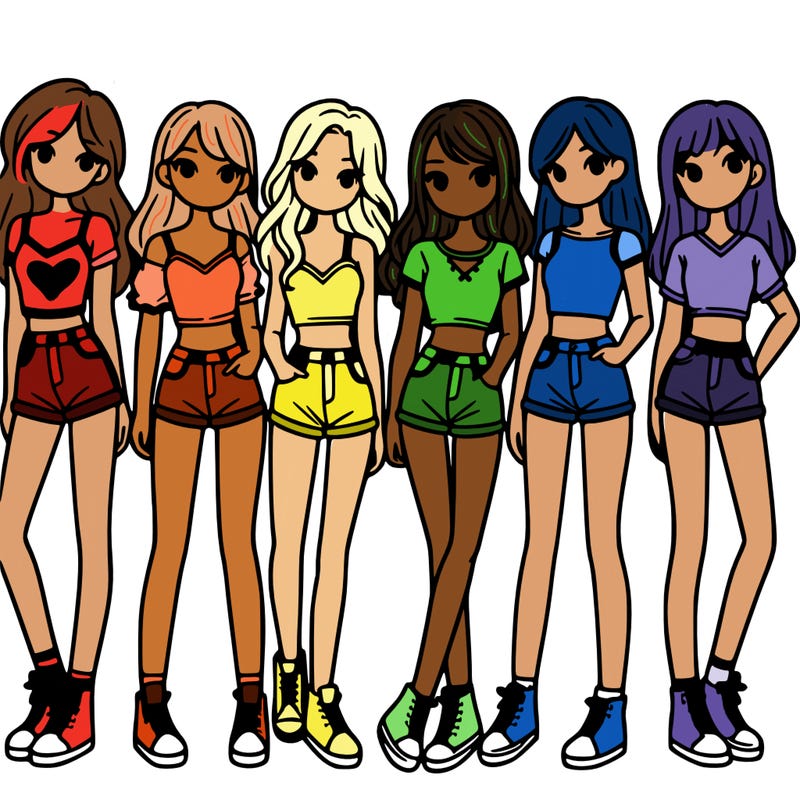 a group of girls wearing crop tops and shorts