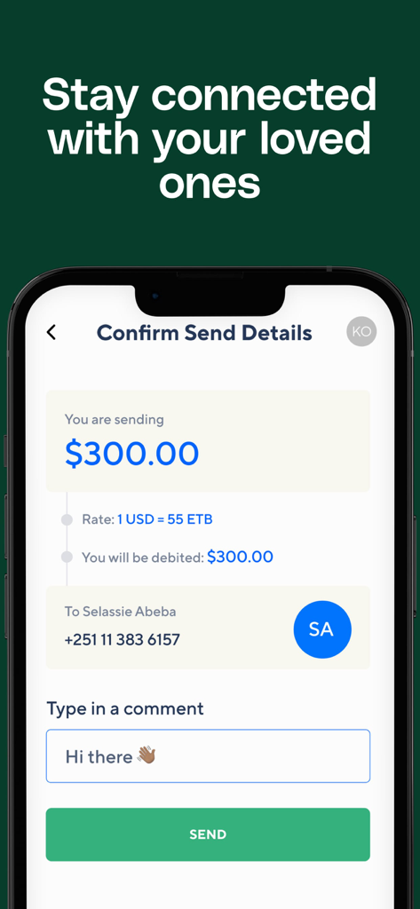Afriex - Money transfer - Captura de pantalla de la aplicación Afriex que muestra la confirmación de una transferencia internacional de 300 dólares con la tasa de cambio a Birr Etíope