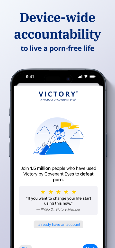Victory Shield app home screen showing device-wide accountability features and user testimonial for a porn-free life.