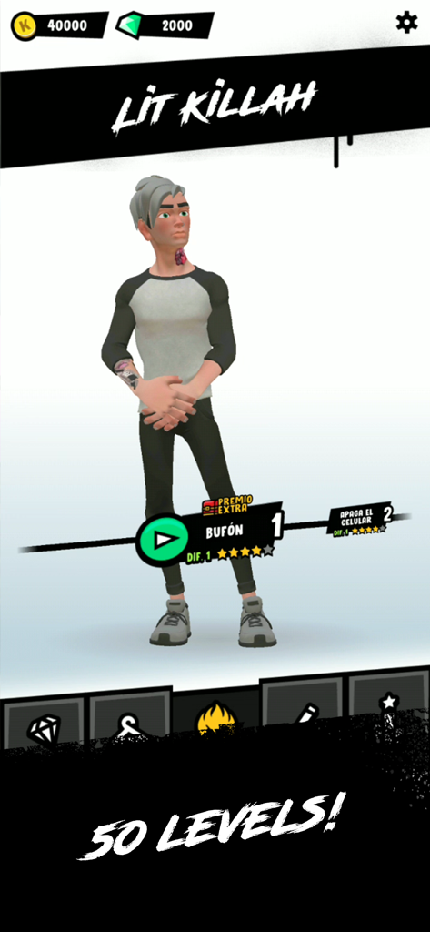 LIT killah: The Game - Screenshot of LIT killah: The Game showing a customized character avatar and a song selection menu for the track Bufón.