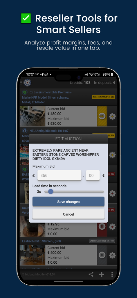 Interface de um aplicativo móvel para snipe de leilões do eBay com ferramentas para revendedores.