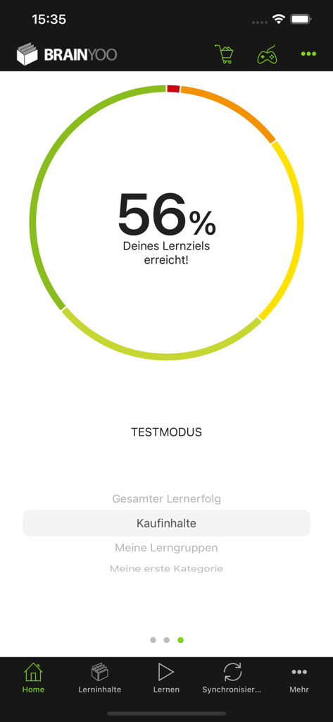 BRAINYOO Flash Cards Learning - Interface do aplicativo de flashcards BRAINYOO mostrando um rastreador de progresso circular com 56% da meta de aprendizado alcançada.
