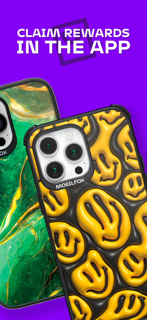 Two iPhones with decorative Mobilfox cases and text saying claim rewards in the app