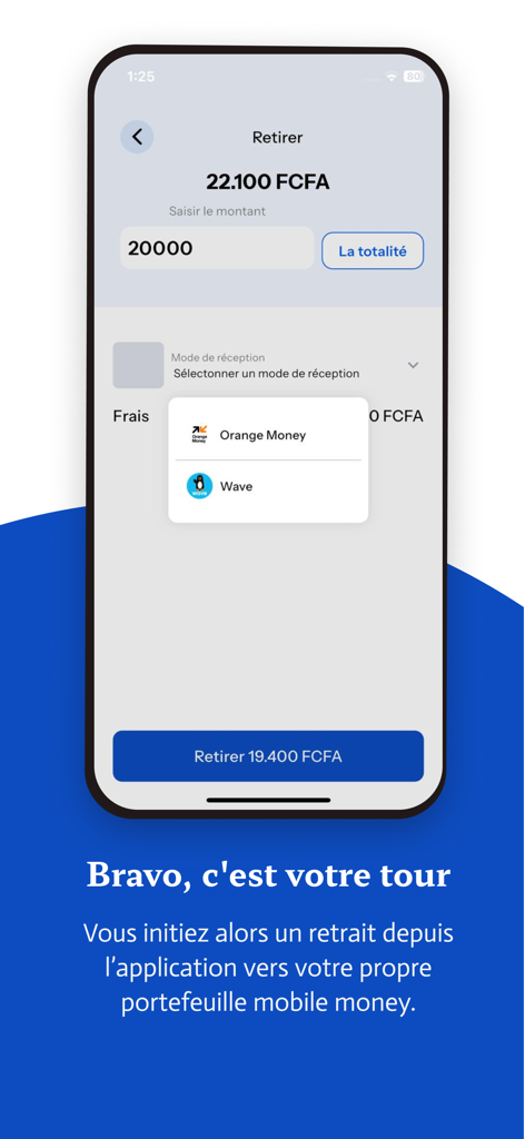 Maman Tontine - Maman Tontine app screen for withdrawing funds to Orange Money or Wave mobile wallets