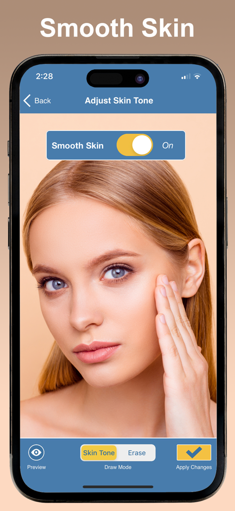 Skin Tone Booth - Face & Body - Interface of Skin Tone Booth app showing the smooth skin toggle turned on over a portrait of a woman