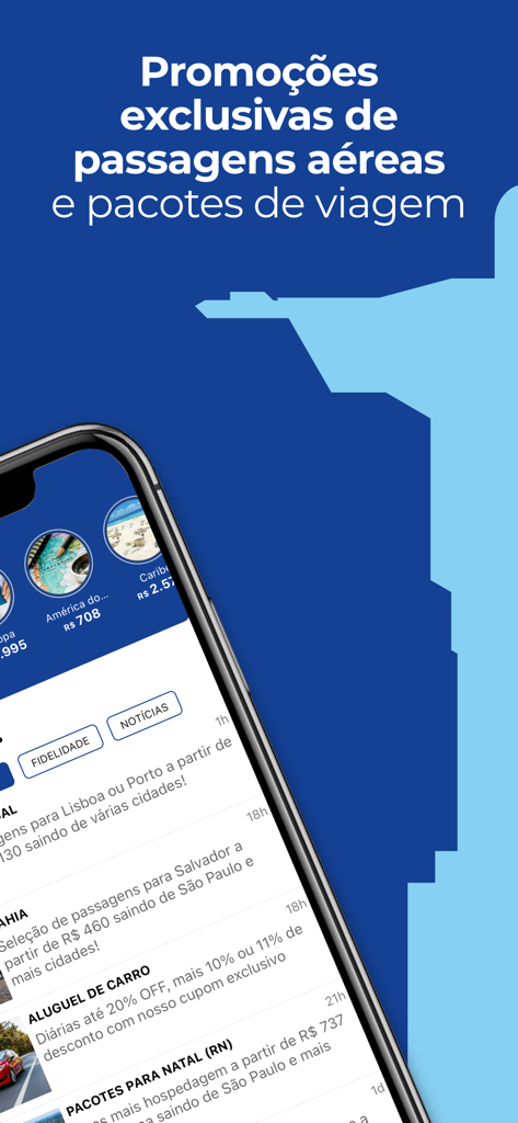Pantalla de smartphone mostrando ofertas de vuelos y paquetes de viaje con una silueta del Cristo Redentor al fondo.