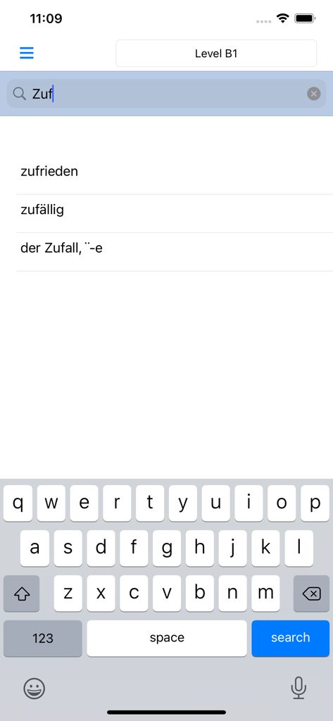 Wortschatz Deutsch A1 A2 B1 - Interface of the Wortschatz Deutsch app showing a search for German words at Level B1.