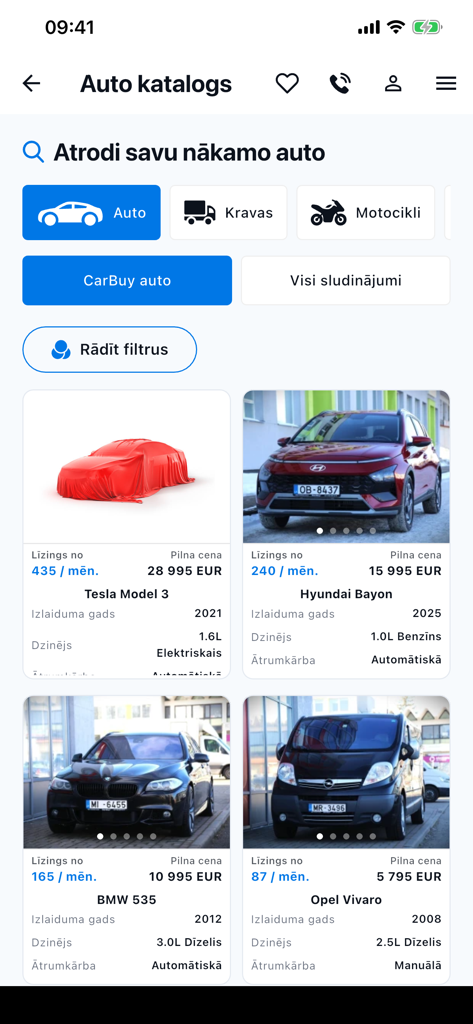 CarBuy - CarBuy mobile app interface showing car listings and vehicle search filters.