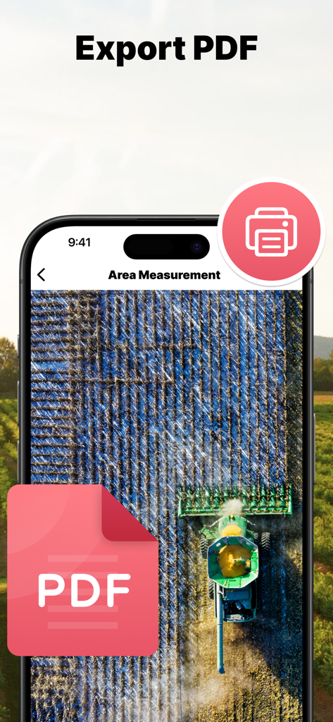 Field Area Measure - Field Area Measure app showing the PDF export feature with an aerial view of a farm field and harvesting equipment