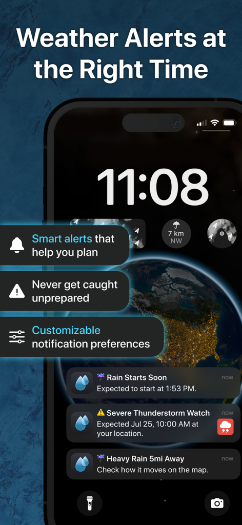 RainViewer app notifications on an iPhone lock screen showing real-time rain and severe weather alerts.