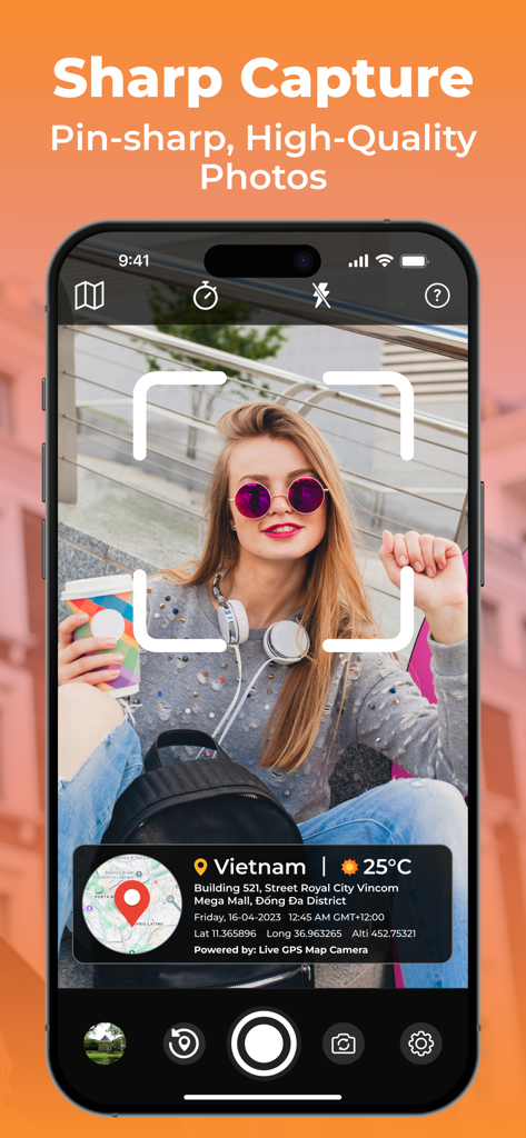 Geotag Photos: GPS Map Camera - Interface of the Geotag Photos app showing a sharp photo with an embedded GPS map and real-time location data overlay