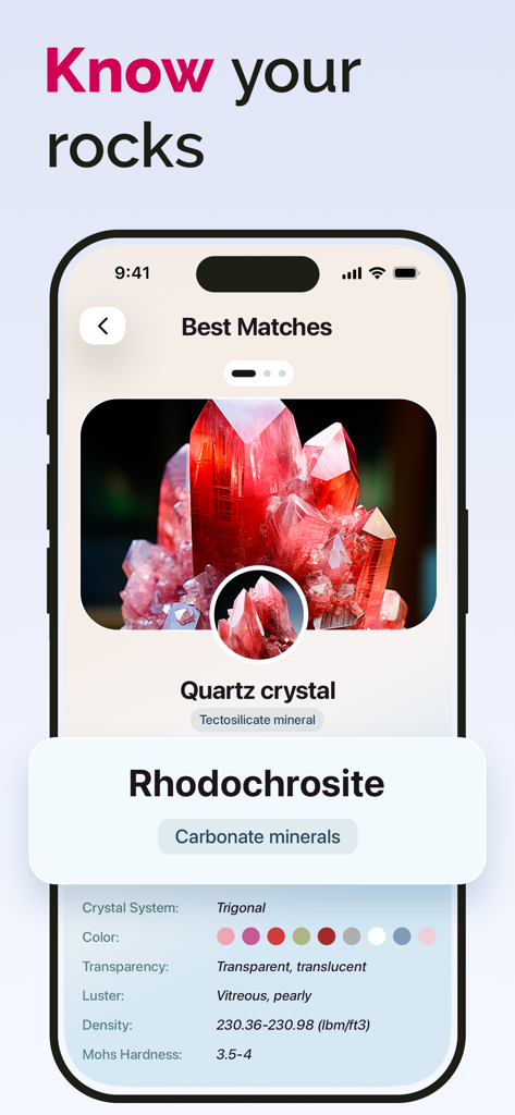 Rock ID - Stone Identifier - Rock ID app identifying a red Rhodochrosite crystal and displaying its mineral properties
