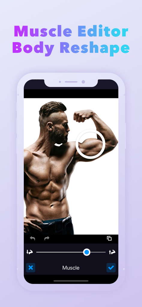 Interfaz de una aplicación de edición de fotos que muestra la herramienta de remodelación muscular utilizándose para realzar un bíceps flexionado