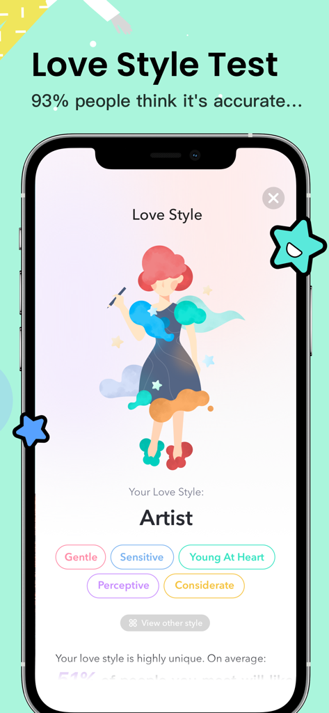 Omi app screen showing a Love Style Test result for an Artist personality type.