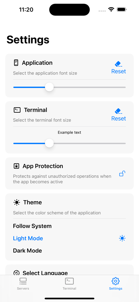 Terminal# - The settings interface of Terminal# app displaying font size and theme settings.
