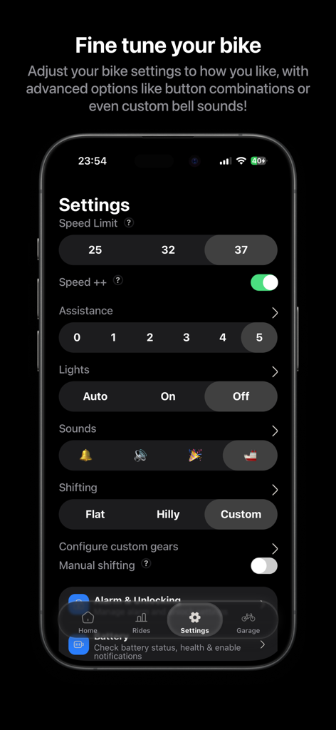 MoofMate - MoofMate app settings screen showing customization options for speed limits and sounds on a VanMoof bike
