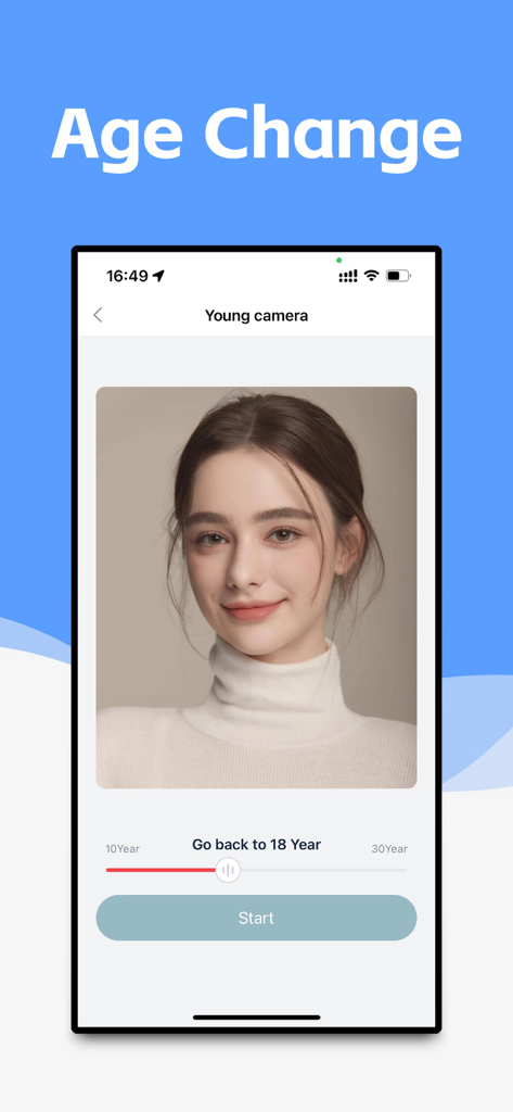 Face Editor - Cartoon Yourself - Face Editor app Young Camera feature showing age change slider