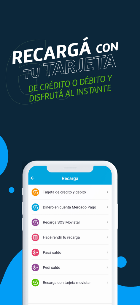 Tela do aplicativo Mi Movistar mostrando opções de recarga de crédito móvel