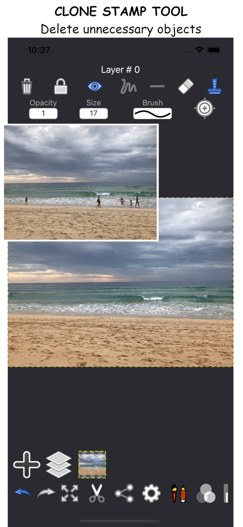 MixArt Photo Editor - MixArt Photo Editor interface demonstrating the clone stamp tool to remove people from a beach photo