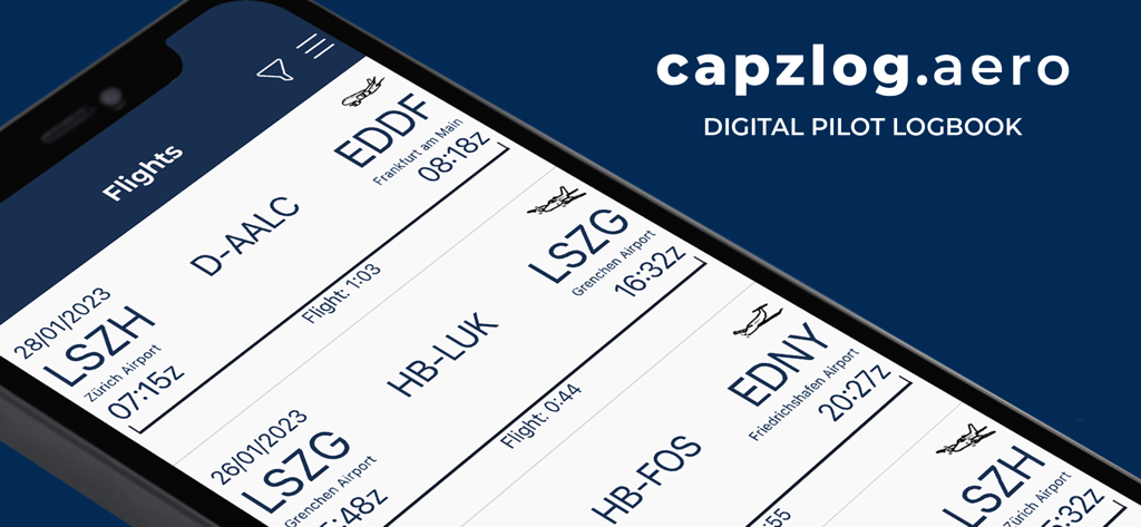 capzlog.aero pilot logbook - Interface of the capzlog.aero digital pilot logbook app showing a list of recorded flights on a smartphone.