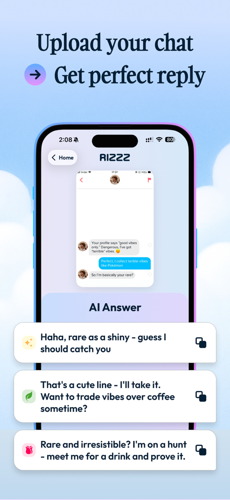 Rizz - #1 AI Dating Assistant - Interfaccia dell'app Rizz che mostra opzioni di risposta generate dall'IA per una conversazione di appuntamenti.