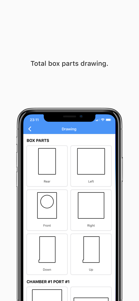 Speaker Box Lite app showing technical drawings of enclosure panels for assembly