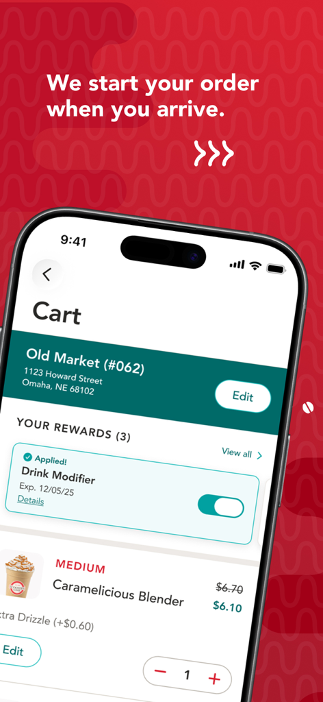 Scooter's Coffee - Una captura de pantalla de la pantalla del carrito de la aplicación móvil de Scooter's Coffee que muestra un Caramelicious Blender con un modificador de recompensas aplicado.