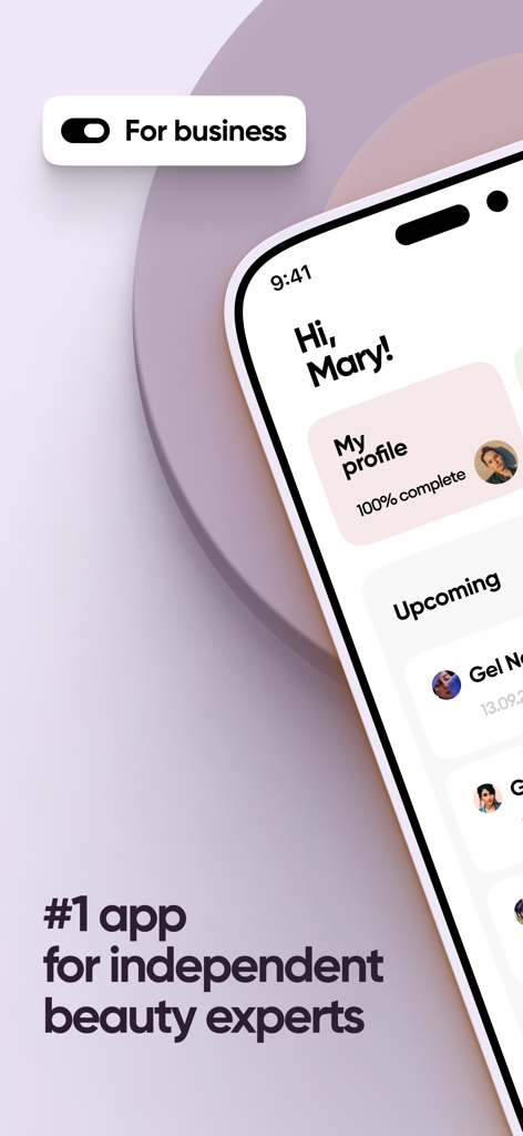Glambook Pro App-Dashboard für unabhängige Beauty-Experten, das den Profilstatus und anstehende Buchungen anzeigt