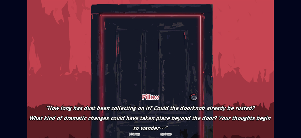 The NOexistenceN of you AND me - 心理ホラービジュアルノベルで、赤い光を放つ暗いドアと実存的な会話が表示されている。