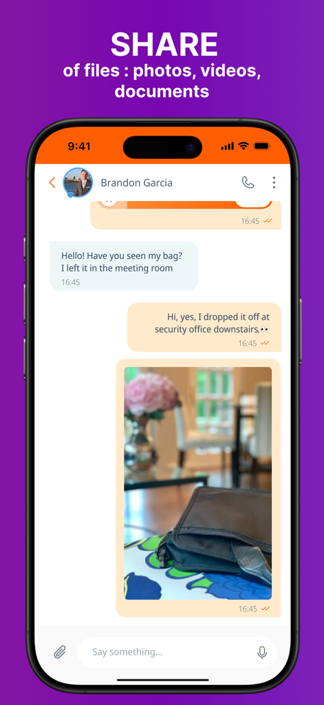Linphone Mobile App-Oberfläche, die eine sichere Chat-Konversation mit einem geteilten Foto einer Tasche zeigt