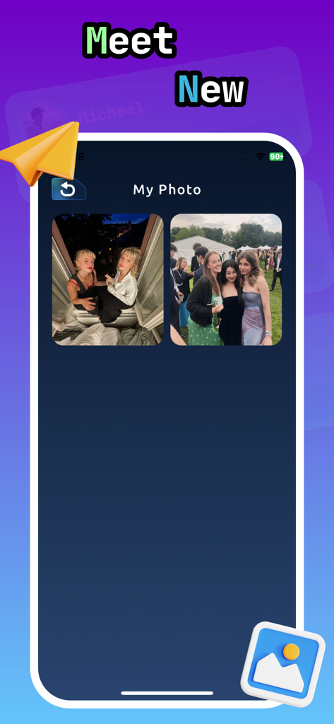 Rovil: Adults Chat For Fun - Interface do aplicativo Rovil mostrando a seção Minha Foto com imagens enviadas pelo usuário e um cabeçalho Encontrar Novos