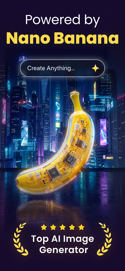 Editor de Imágenes con IA Bananix Pro presentando un plátano futurista con circuitos internos contra un horizonte de ciudad de neón