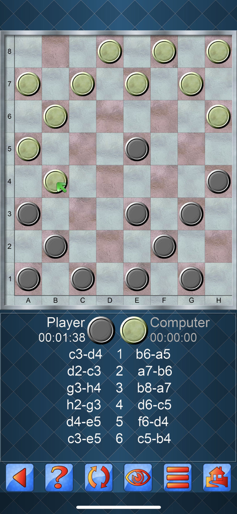 A match of Checkers V plus showing the game board and move history during a game against the computer.