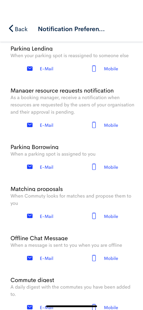Commuty - Screen displaying notification settings for parking lending borrowing and carpool matching in the Commuty app