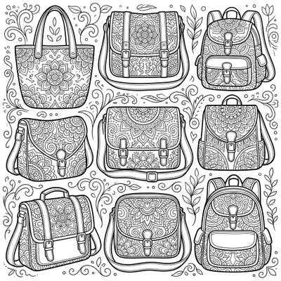 Dive into a world of intricate designs with this unique coloring page featuring a diverse collection of shoulder bags. Each bag is adorned with detailed Zentangle patterns, offering hours of relaxing and creative fun.