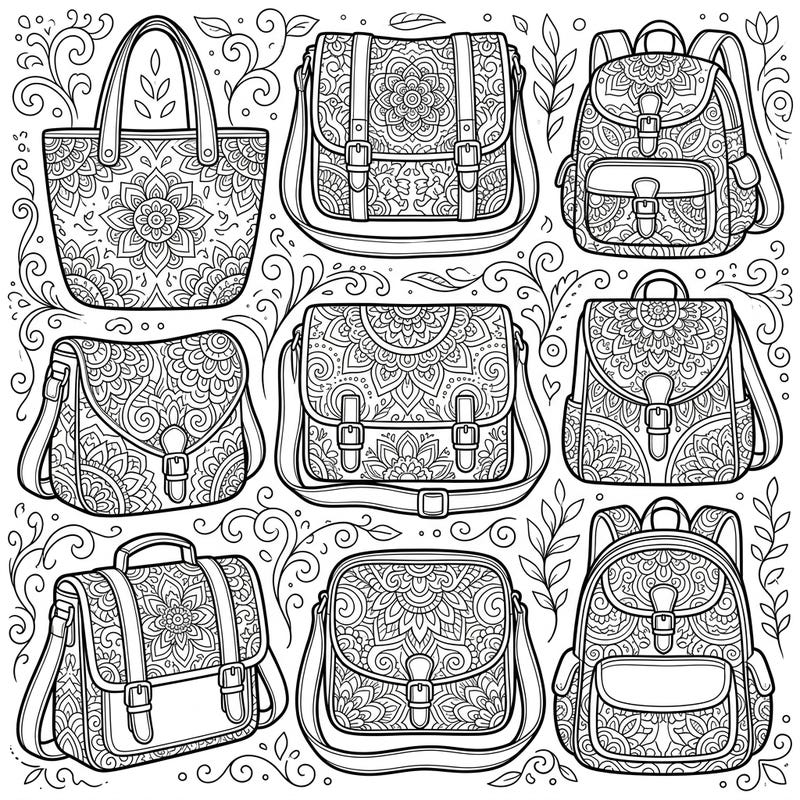Dive into a world of intricate designs with this unique coloring page featuring a diverse collection of shoulder bags. Each bag is adorned with detailed Zentangle patterns, offering hours of relaxing and creative fun.