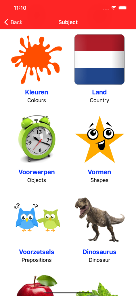 Pantalla de la aplicación Learn Dutch Essentials que muestra varias categorías de vocabulario, incluyendo colores, objetos de países, formas, preposiciones y dinosaurios