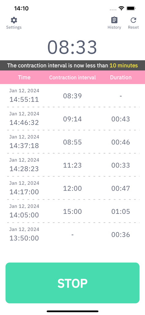 Contraction Timer - Labor Log - A mobile app interface for tracking labor contractions with a log of previous intervals and durations.