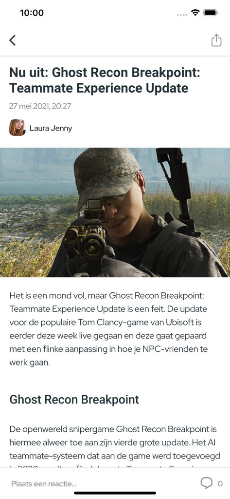 Artículo de noticias sobre la actualización del juego Ghost Recon Breakpoint en la aplicación Nextplay