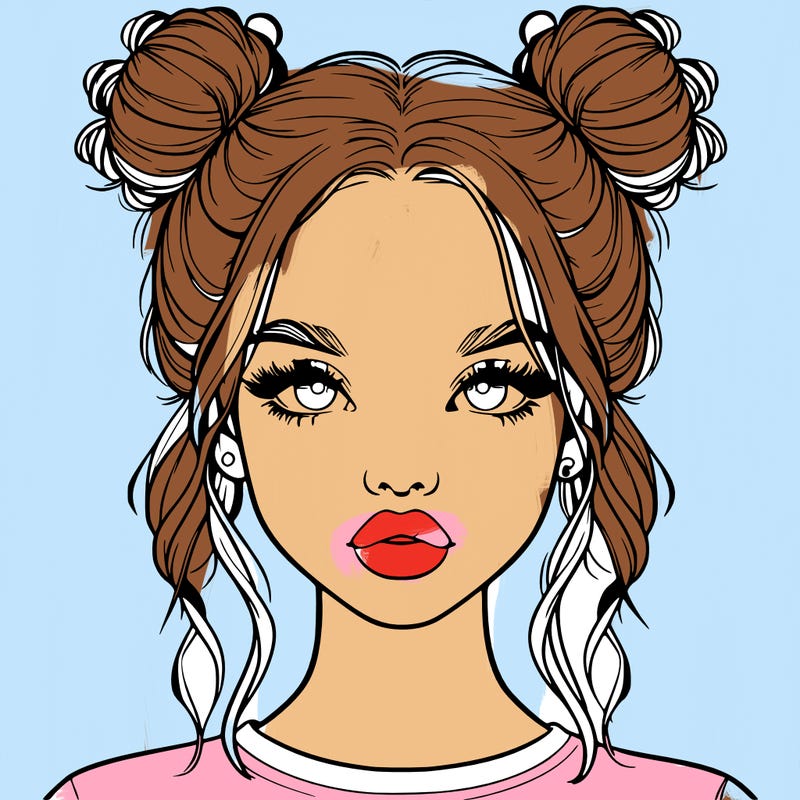 realistic girl with two buns in hair and lips