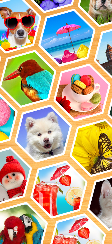 Uma coleção de peças de quebra-cabeça hexagonais coloridas apresentando animais, natureza e doces