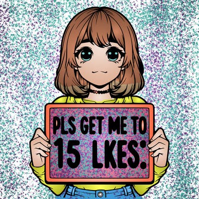 realistic girl holding up a sign that says “pls get me to 15 likes!”