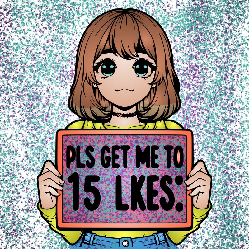 realistic girl holding up a sign that says “pls get me to 15 likes!”