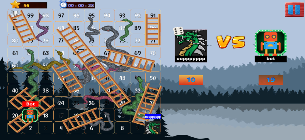 A digital snakes and ladders board game showing a match between a player and a computer bot