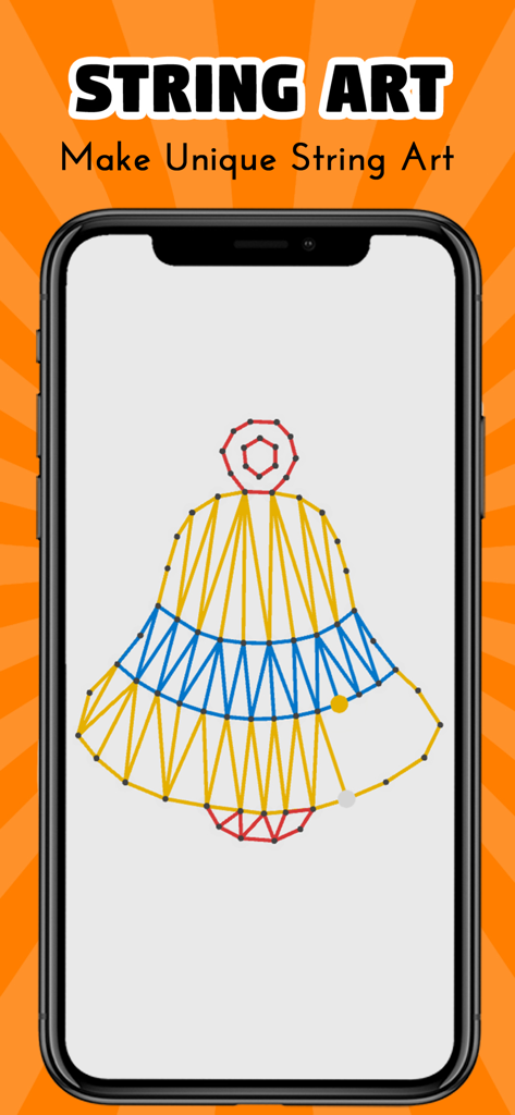 Una pantalla móvil que muestra un diseño de campana hecho con arte de cuerdas de colores en la aplicación Creato.