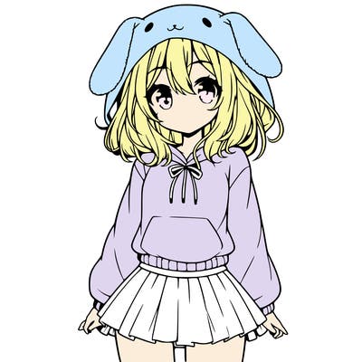 pretty anime girl wearing a fluffy hoodie with bunny ears on the hood and a skirt