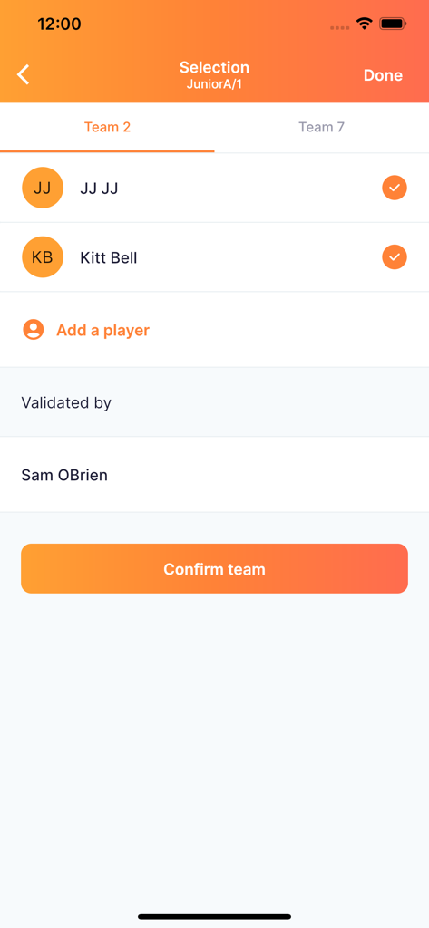 NetballConnect - Mobile screen showing player selection and team confirmation within the NetballConnect app