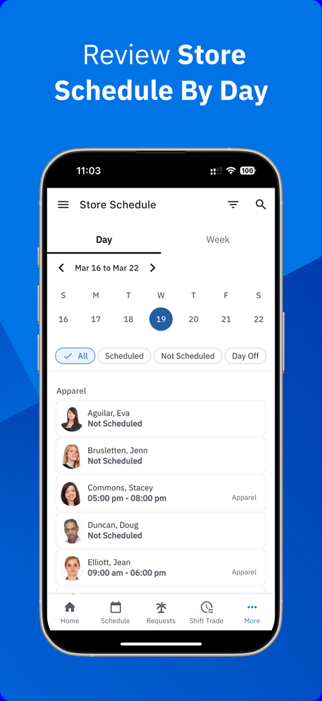 Workcloud Shift - Screenshot of the Workcloud Shift app showing the daily store schedule with employee shifts and departments