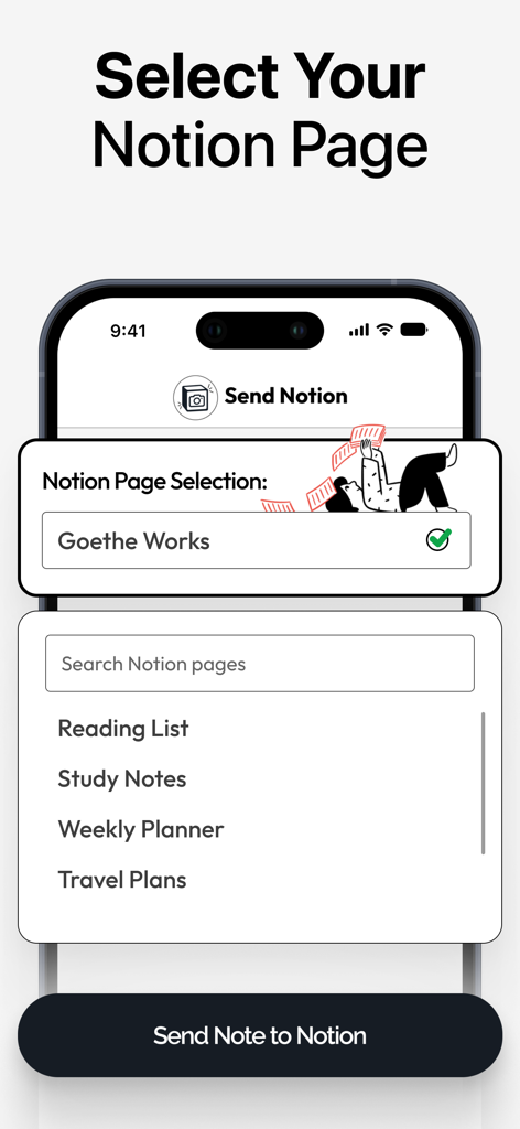 NoteShot: Photo Note to Notion - Interfaz para elegir una página de destino de Notion dentro de la aplicación NoteShot.